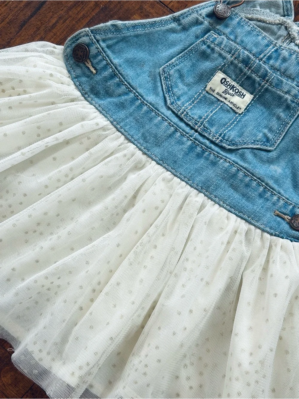 OshKosh B'gosh 18 Months Light Blue Denim Overall Dress with Ivory Tulle Skirt